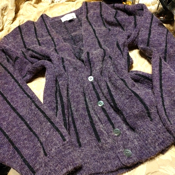 💜Awesome RARE 80's Authentic Purple & Black Mohair Longline Tunic Cardigan - L - Picture 4 of 16